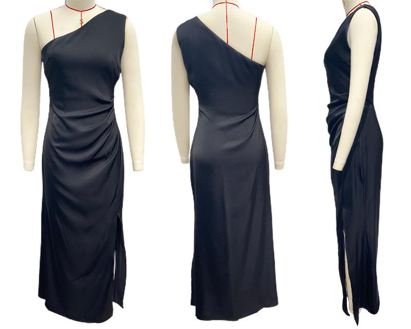 Spring/Summer 2024 European & American Slim One-Shoulder Satin Dress with Slit – Sexy & Chic Socialite Style for Women