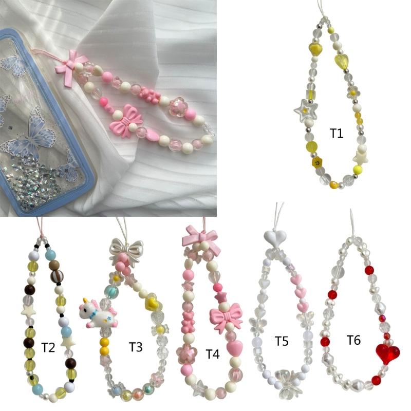 Bowknot Phone Lanyard Short Female Cute Peach Heart Colored Beaded Phone Shell Pendant Accessories Package Decoration