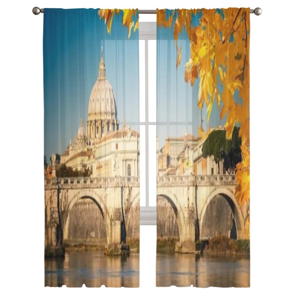 Blick auf Tiber und St. Peter, transparente Vorhänge für Wohnzimmer, transparenter Tüll, Fenstervorhang, Schlafzimmer, Küchendekor, Schleiervorhänge