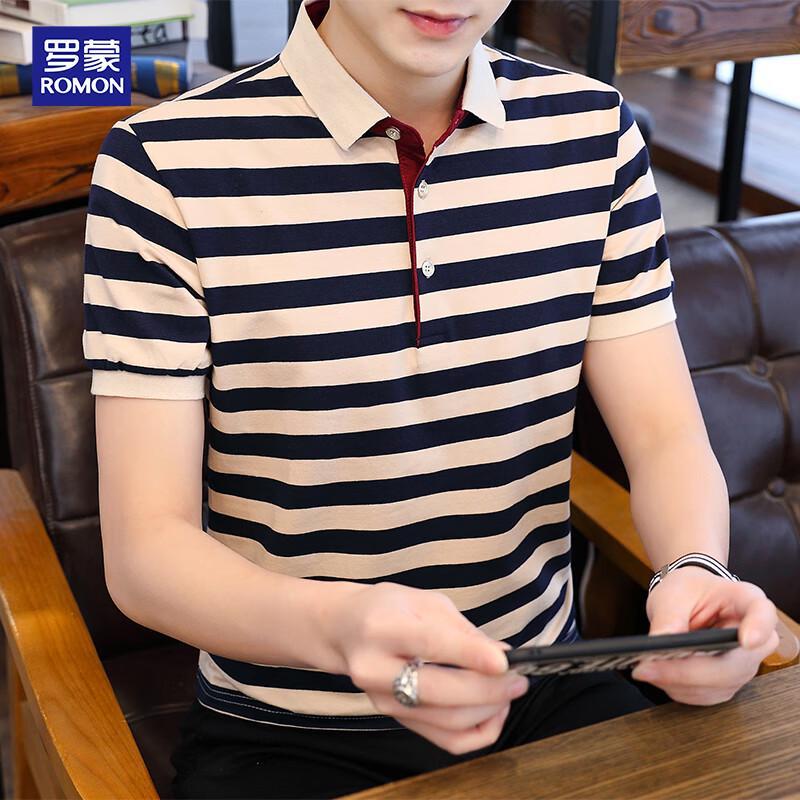 ROMON Men's Heavyweight Striped Polo T-Shirt