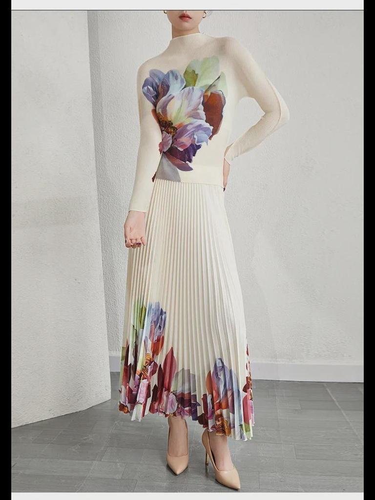 Women's Pleated Floral Two-Piece: Stand Collar Long Sleeve T-Shirt and Skirt