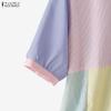 ZANZEA Womens Turn Down Collar Short Sleeve Patchwork Stripe Blouse