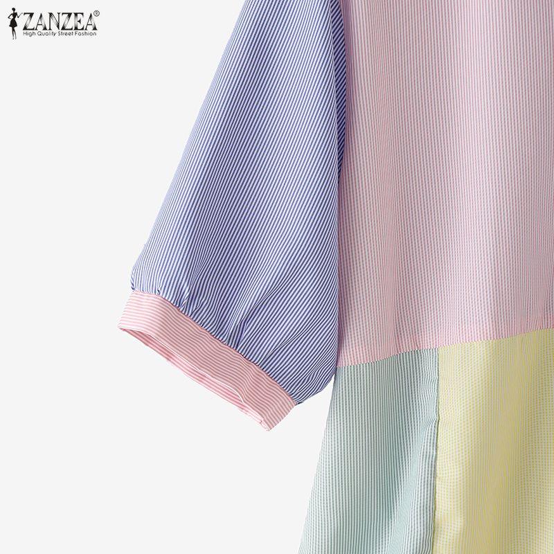 ZANZEA Womens Turn Down Collar Short Sleeve Patchwork Stripe Blouse