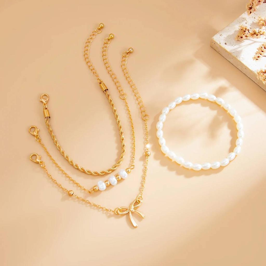 Salircon 4Pcs/set Fashion Imitation Pearl Bowknot Bangle Bracelets Women Boho Vintage Gold Color Bangle Couple Jewelry Gift