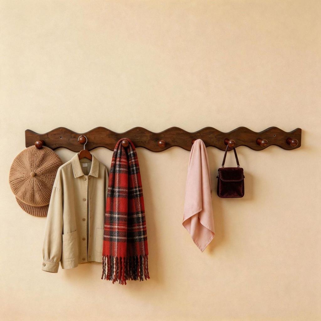 Solid Wood Wave Coat Rack, 5-8 Hooks, No-Drill Wall Mount