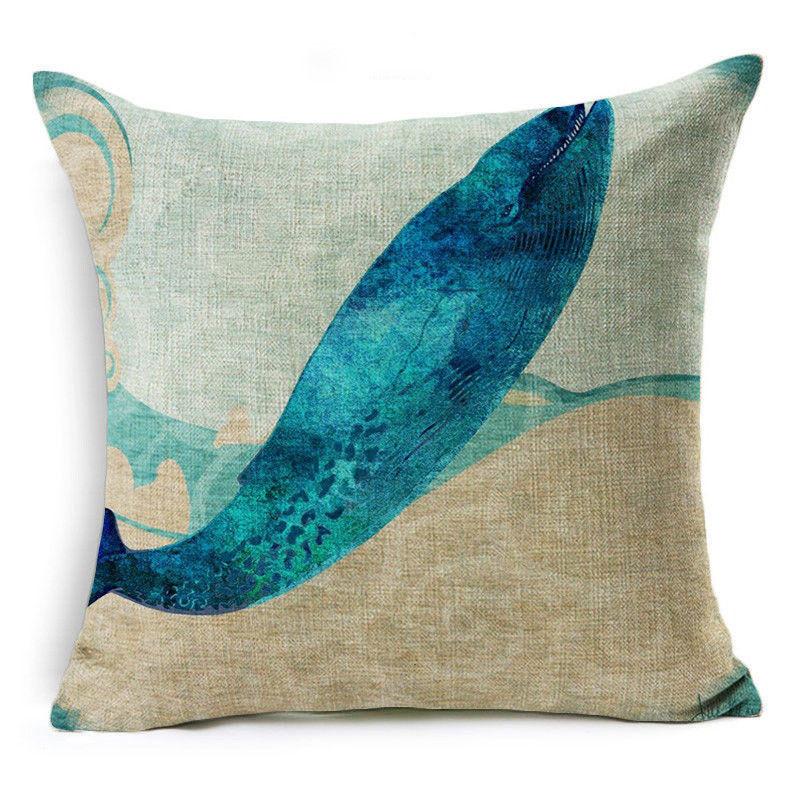Exquisite 18" Blue Sea Animal Cotton Linen Cushion Cover For Stylish Living Spaces