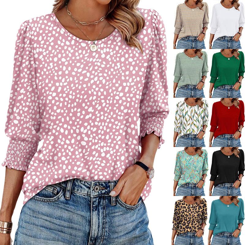 

Women s Round Neck Short Sleeve Blouse with Ruffled Cuffs, Casual Tops in Polka Dot, Leopard Print, Solid Colors 3XL