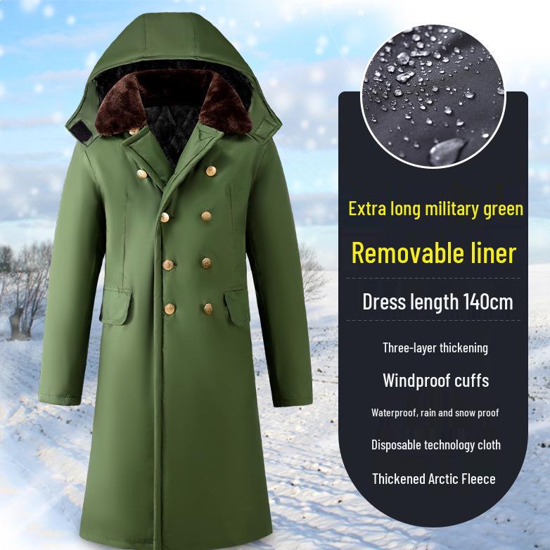Men's Extra Long Winter Coat - Army Green, Waterproof, Windproof, Thickened Cotton with Removable Velvet Lining, Coldproof for Northeast Winters.