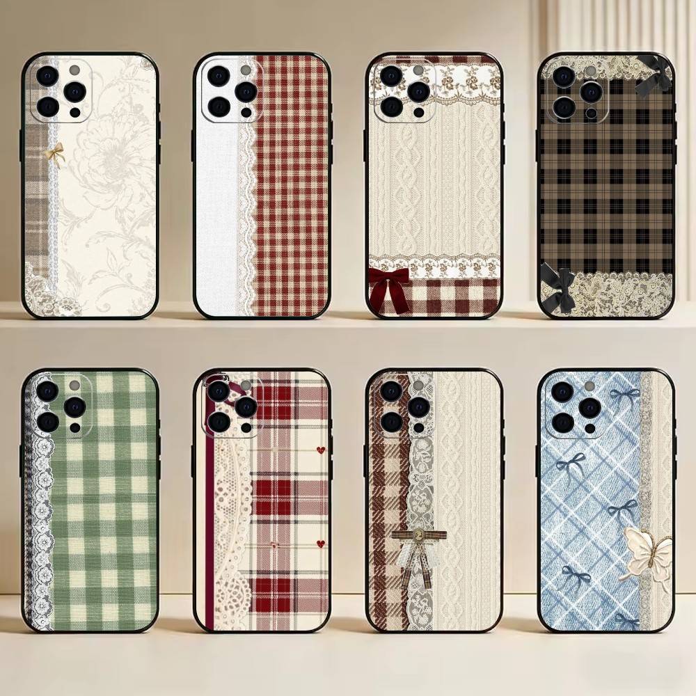 Lace patchwork grid Phone Case Silicone Soft For IPhone 17 16 15 14 13 12 11 X XR Plus Pro Max Plus