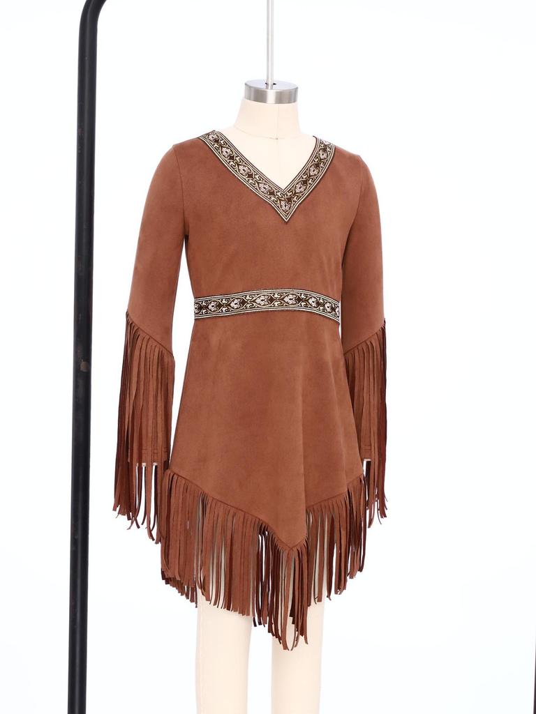 Abiti Nativi Americani Completi per Bambine: Costume con Scollo a V e Lunghe Frange, Bordi con Nappe e Zip Nascosta per Feste a Tema