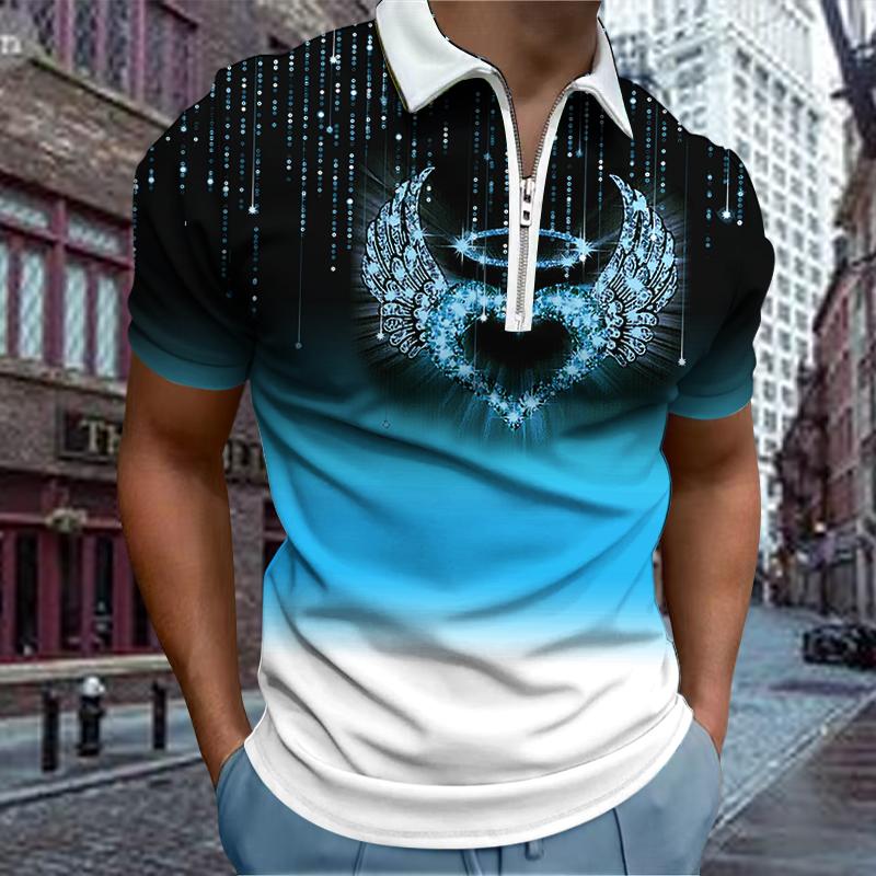 

Повседневная футболка с лацканами, молодежная модная футболка с застежкой-молнией, футболка с коротким рукавом, мужская футболка с принтом 3D Angel Wings XS синий