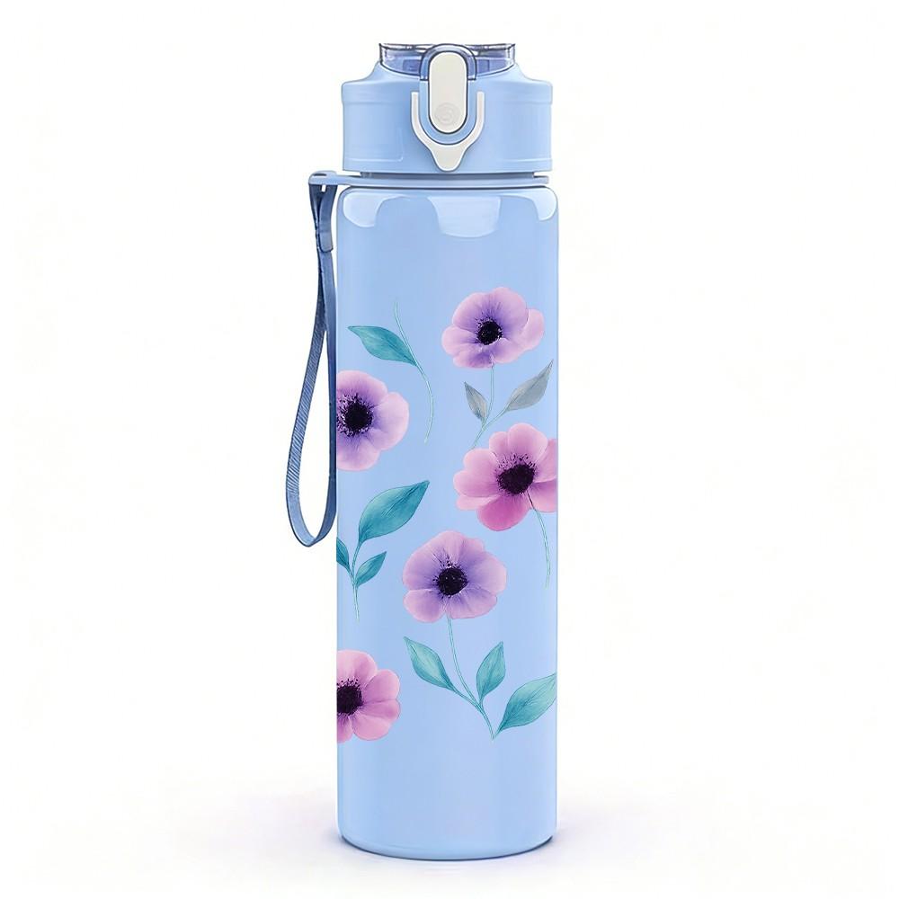 1PC Purple Wildflower Pattern 750ml Color Plastic Sports Water Bottle Leakproof Flip Straw Lid Suitable for Sports Office Home Use
