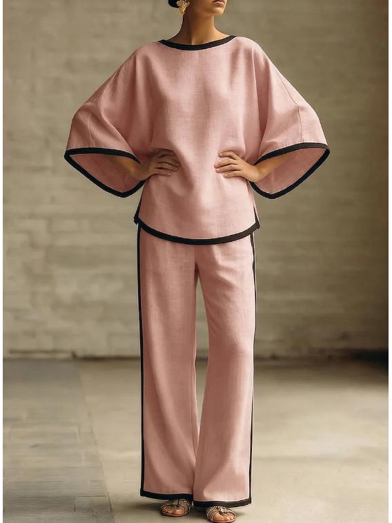 2026 Women s Elegant Round Neck Loose Batwing Sleeve Cotton Linen Two-Piece Set 3XL