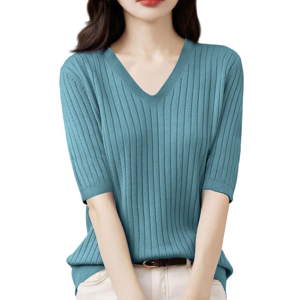 Women's Fashion Loose Knit Sweater Bottom Shirt V-Neck Pullover Half Sleeve Solid Color Top