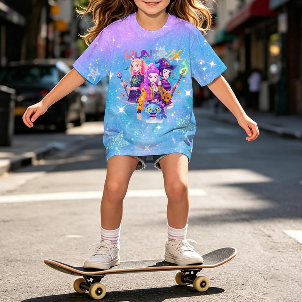 Girls Loose Fit Short Sleeve T Shirt Halloween Inspired Demon Hunter Print Casual Comfortable Top for Kids