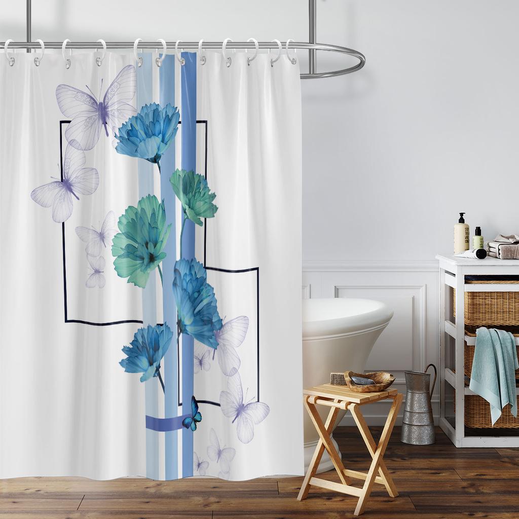 1 Blue Trumpet Vine Printed Waterproof Shower Curtain Shower Partition Bathroom Privacy Protection With 12 Hooks Easy To Install