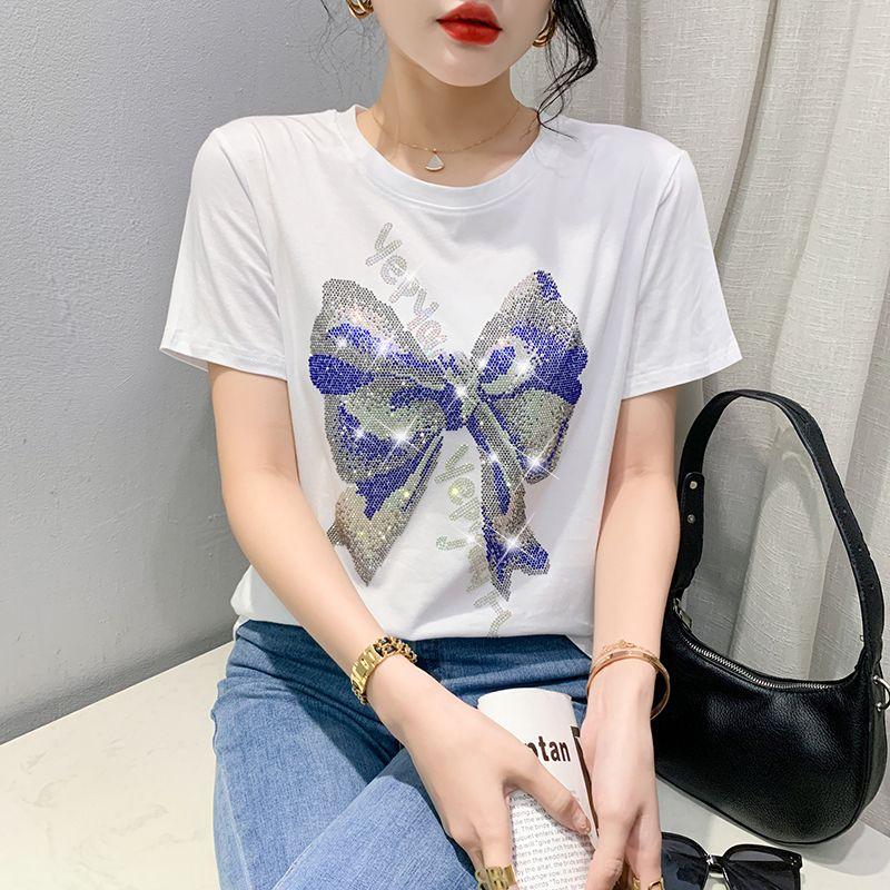 2025 Summer New Chic and Fashionable Diamond Cotton Short-sleeved T-shirt for Women S белый