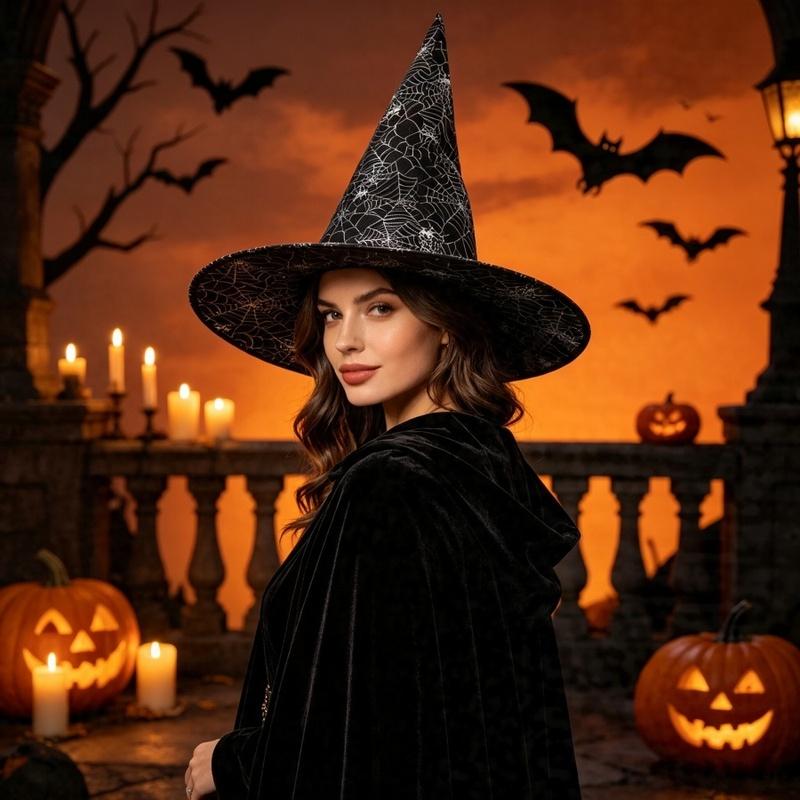 1pc Halloween Witch Hat Black Silver Spider Web Wizard Hat Cosplay Costume Wide Brim Witch Hat for Party Fancy Dress Prop Gift