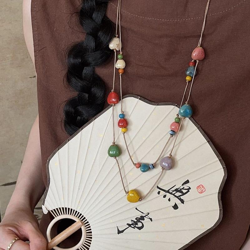 Women Multicolor Dopamine Ceramic Heart Beaded Double Layer Long Sweater Chain Necklace