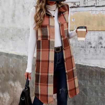 Women Long Vest with Breast Pockets Plaid Print Turn-down Collar Single-breasted Mid Length