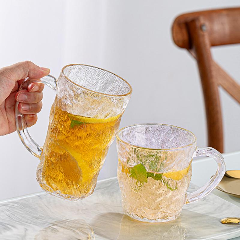 10.3oz/13.7oz Glacier Shaped Glass Cup with Handle Heat-resistant Tea Cup Party Water Bottle Juice Beverage Cups Cold Drink Mug
