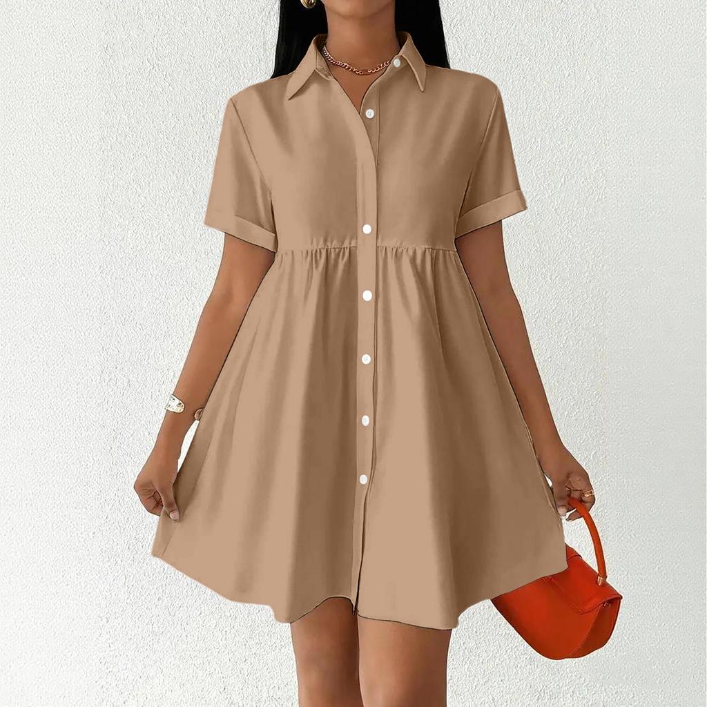Women Short Sleeve Shirt Dress Button Down Collared Loose Fit Casual Mini Dress with Pockets Summer Style