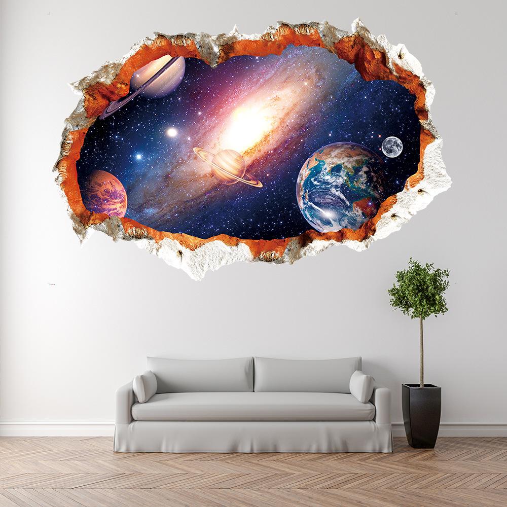 

3D сломанная стена, звездное небо, планеты, наклейки на стену, гостиная, спальня, съемное украшение дома, настенная художественная наклейка, живопись