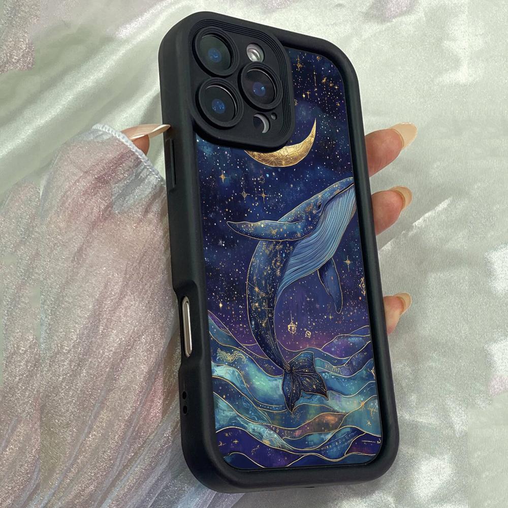 JT570 Whale Moon Painting Art for iPhone 17 16 15 14 13 12 Pro Max Samsung S26 S25 Ultra A17 A07 A56 A16 A15 A14 Xiaomi 15T Redmi 15c 14C Soft Case