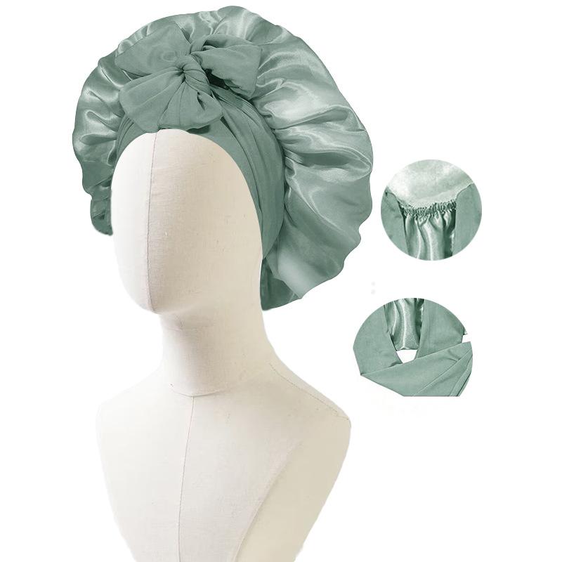 Satin Nightcap with Ribbon Bowknot, Double-Sided Silk Hair Cap, Leopard Print