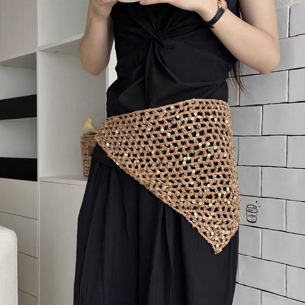 Ins Style Sequined Hollow Knitted Triangle Hair Scarf Bandana Retro Crochet Sheer Headscarf Women Summer Travel Photo Headband