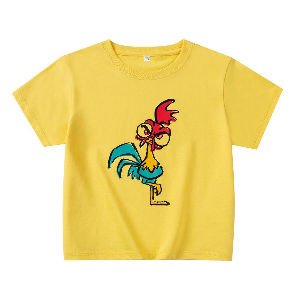 

Детская летняя хлопковая футболка: Милый мультяшный принт с петухом, приятный для кожи, круглый вырез, свободный крой, короткие рукава 110 cm жёлтый