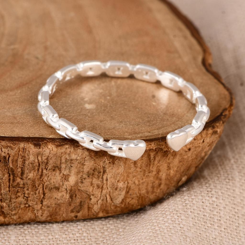 Minimalist Heart Chain Ring,  925 Sterling Silver Open Link Ring – Adjustable Dainty Heart Band, Gift for Love, Anniversary, Gifts for Love.