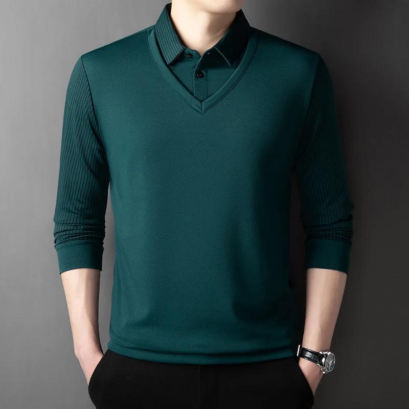 2025 New Men'S Casual And Fashionable Long Sleeved Solid Color Fake Two-Piece Polo Shirt Business All Season Versatile Top