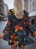 Damen Cardigan mit 3D-Blumen-Blätter-Print, Gold-Orange Langarm-Mantel, Offenes Design vorne, Elegante Lässige Herbstkleidung