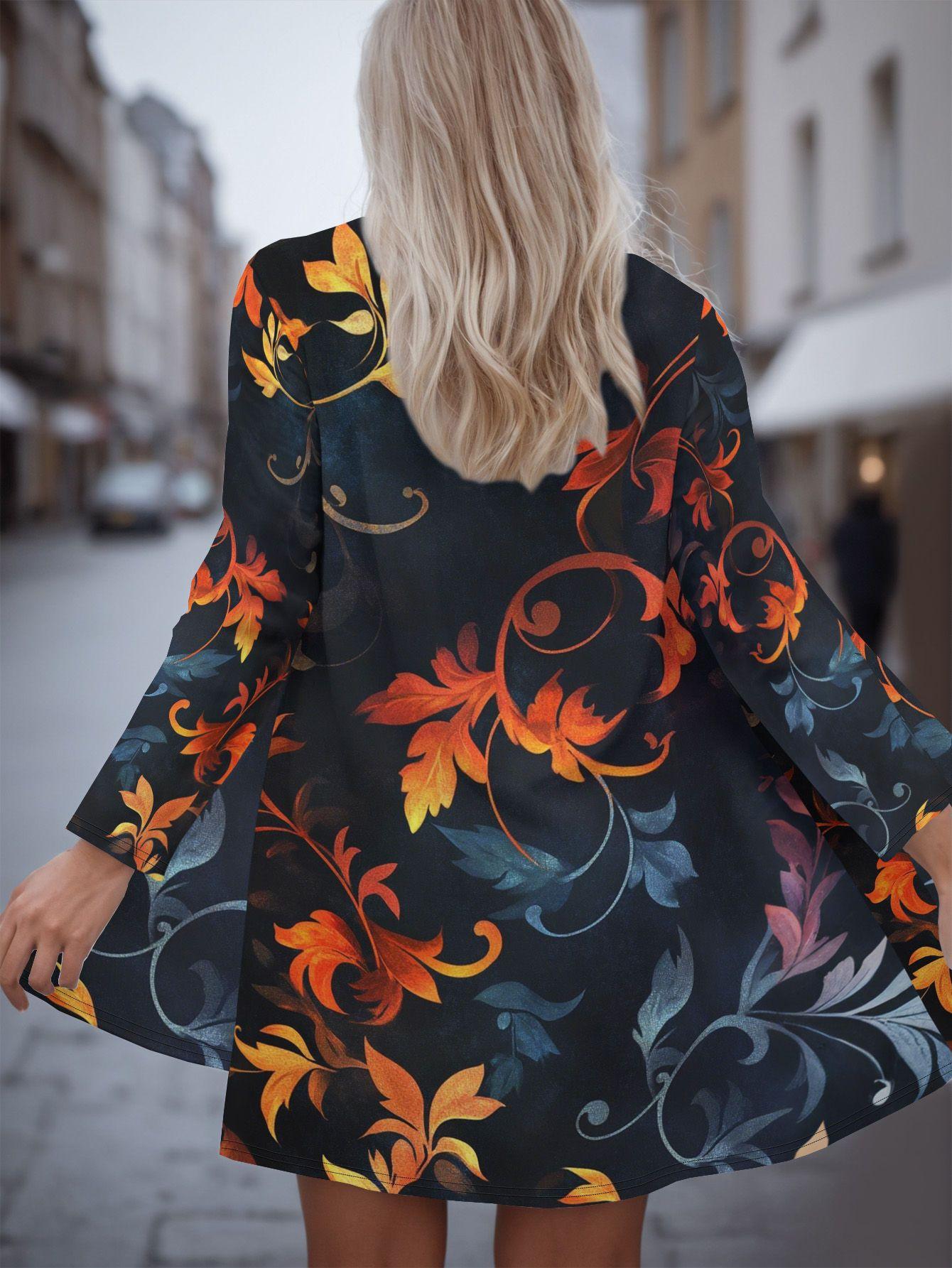 

Women s 3D Floral Leaf Print Cardigan, Golden Orange Long Sleeve Coat, Open Front Design, Elegant Casual Autumn Wear 5XL