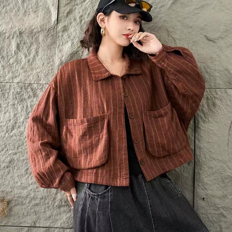Dimanaf 2025 Coat Short Jacket Women Long Sleeve Pockets Fashion Retro Print Tops Tees Loose Tees New