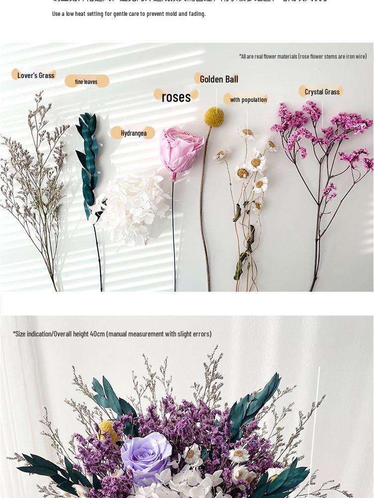 Eternal Rose & Eucalyptus Dried Flower Bouquet - Home Decor with Hydrangea, Baby's Breath & Crystal Grass