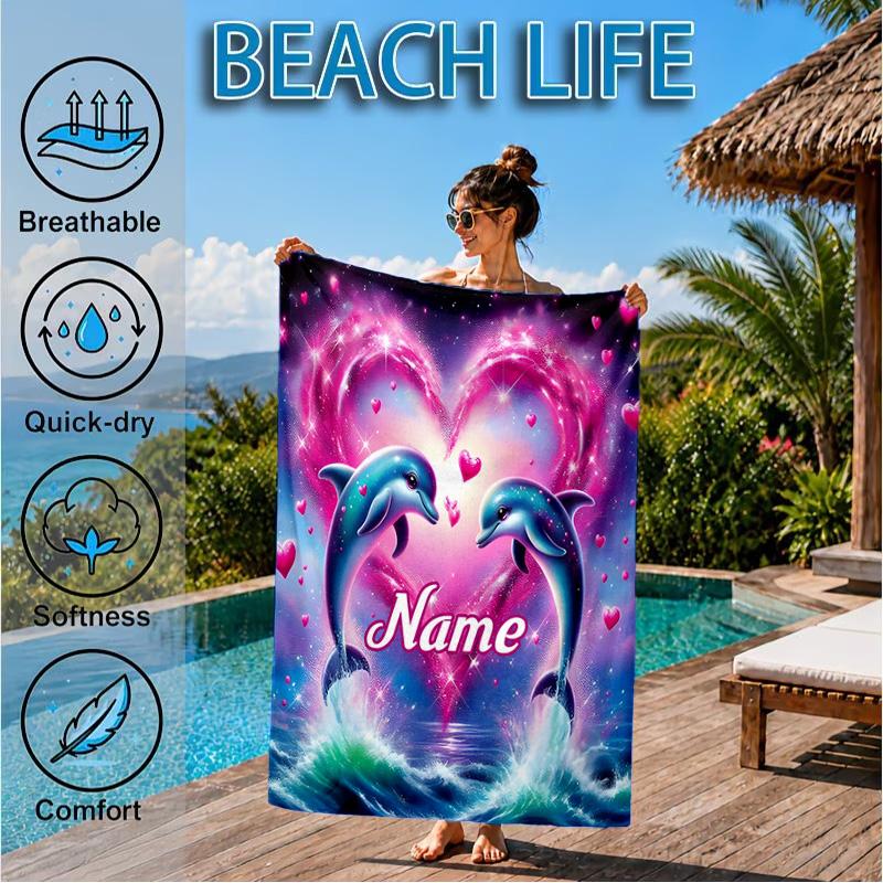 Custom Name Love Dolphins Heart Beach Towel Microfiber Beach Towel, Lightweight and Quick-Dry, for Summer Travel, Swimming Pool Gift