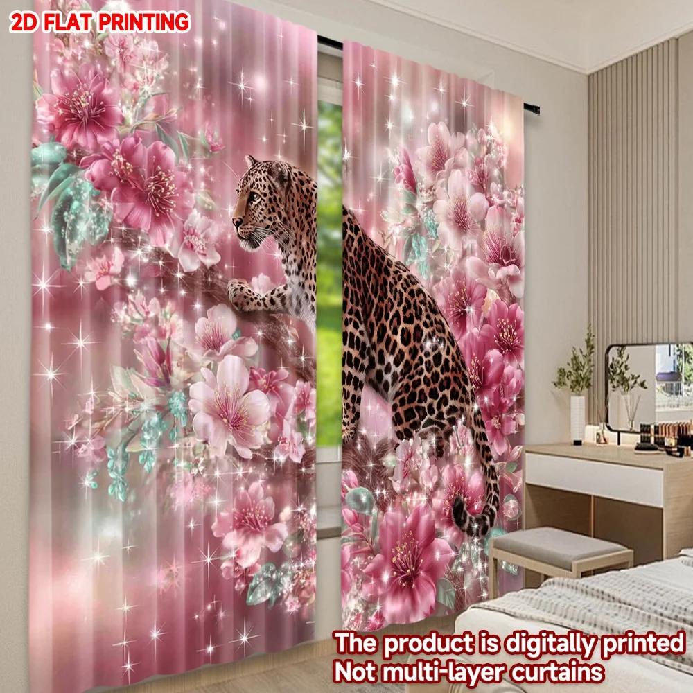 Modern Leopard Pink Flower Curtains Digital Printed Window Drapes Animal Floral Design Living Room Bedroom Decor Set Of 2 Made Polyester