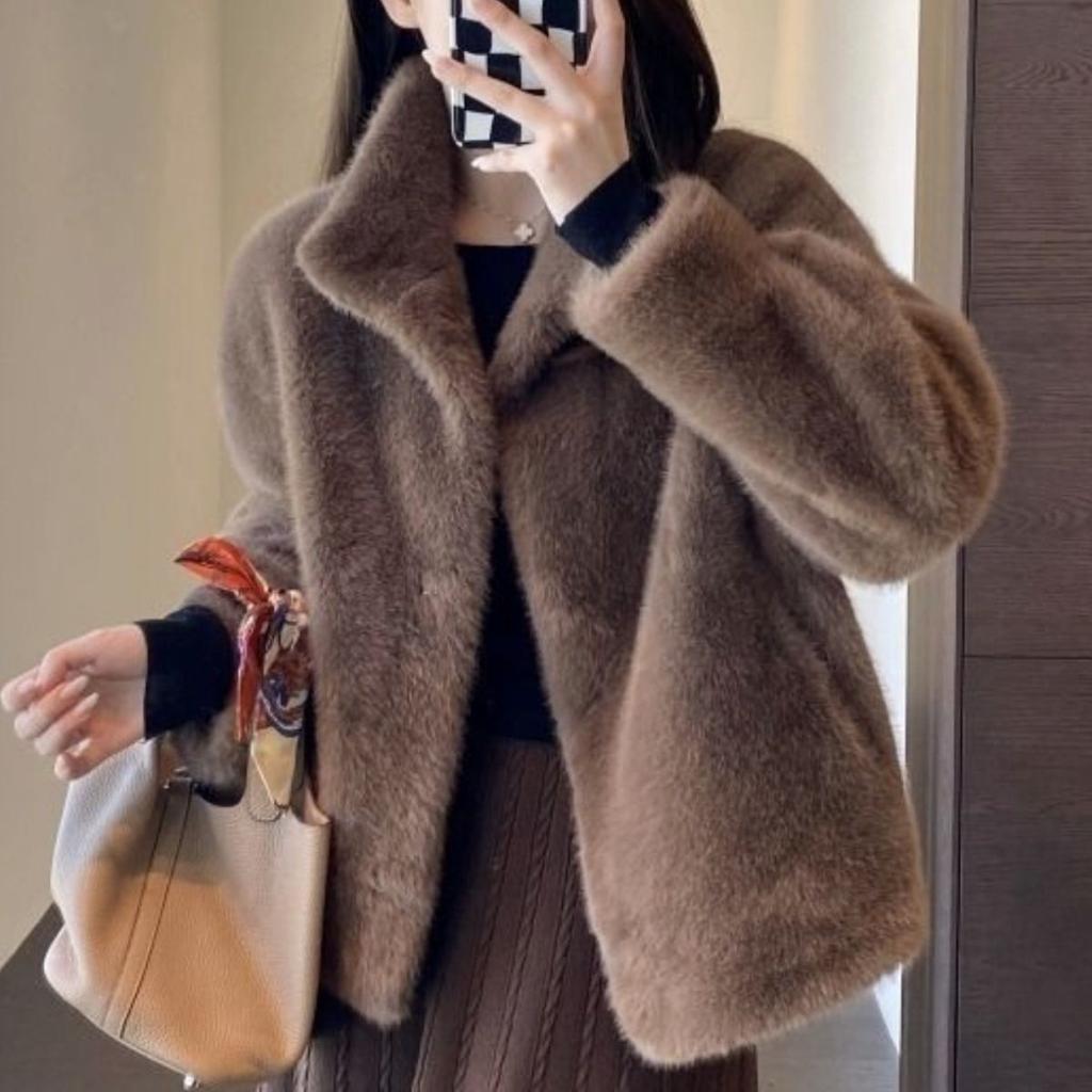 Women Thick Faux Mink Fur Loose Jackets Tops Winter Warm Stand Neck Single Breasted Abrigos Casual Korean Solid Coats Blusas New