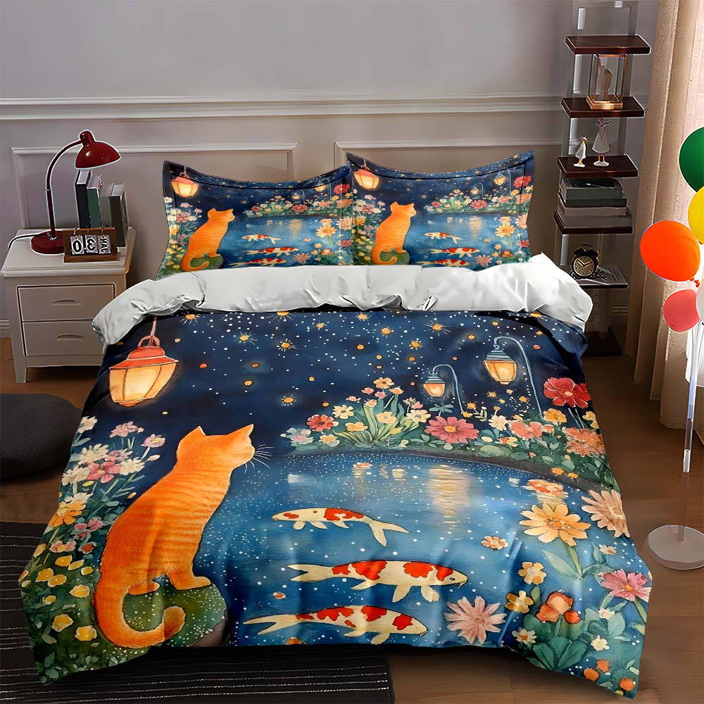 

Cat pond lanterns Bedding Duvet cover sets Duvet covers Pillowcases gifts (1 * Duvet Cover 2 * Pillowcases, without duvet insert) 135x200cm