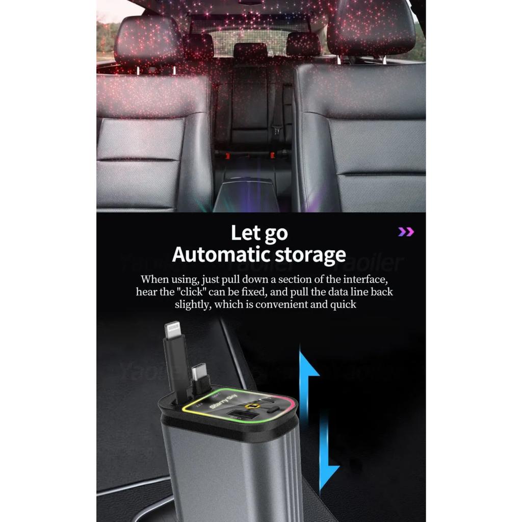 Upgraded 120W PD+USB Quick Charger with 2 Retractable Cable Fast Charging Car Phone Charge W/ Ambient Light 4 In 1 Power Adapter
