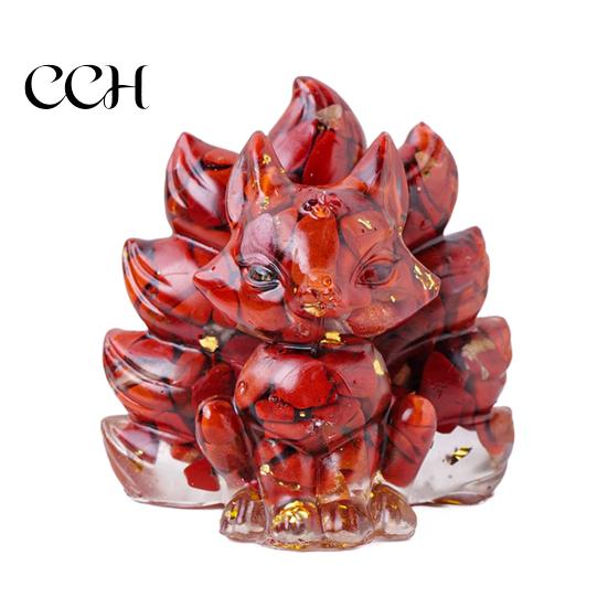 Nine-tailed Fox Ornament Natural Stone Foxes Figurine Positive Healing Energy Hand-carved Colorful Faux Collectible Toy Crystal Sitting Animal Statue