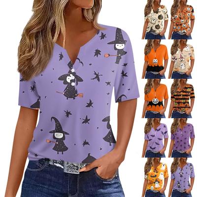 T-shirt pour femme Halloween Imprimé Bouton Manches Courtes Tunique Quotidien Week-end Mode Basique Col V Coupe Régulière