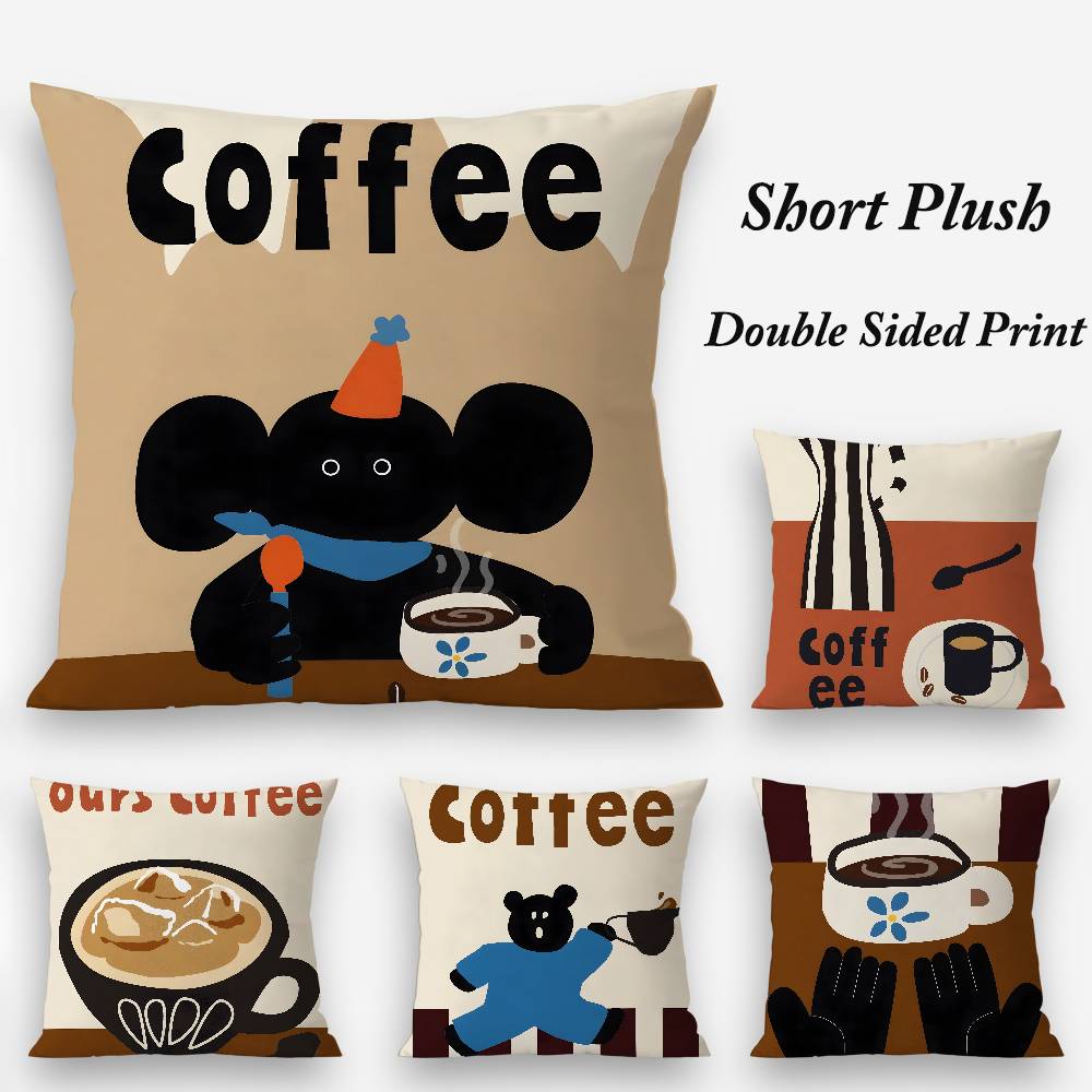 Creative Coffee Illustration Pillow Case Plush Fabric Soft Double Sided Print Home Sofa High Quality Cushion Cover Throw