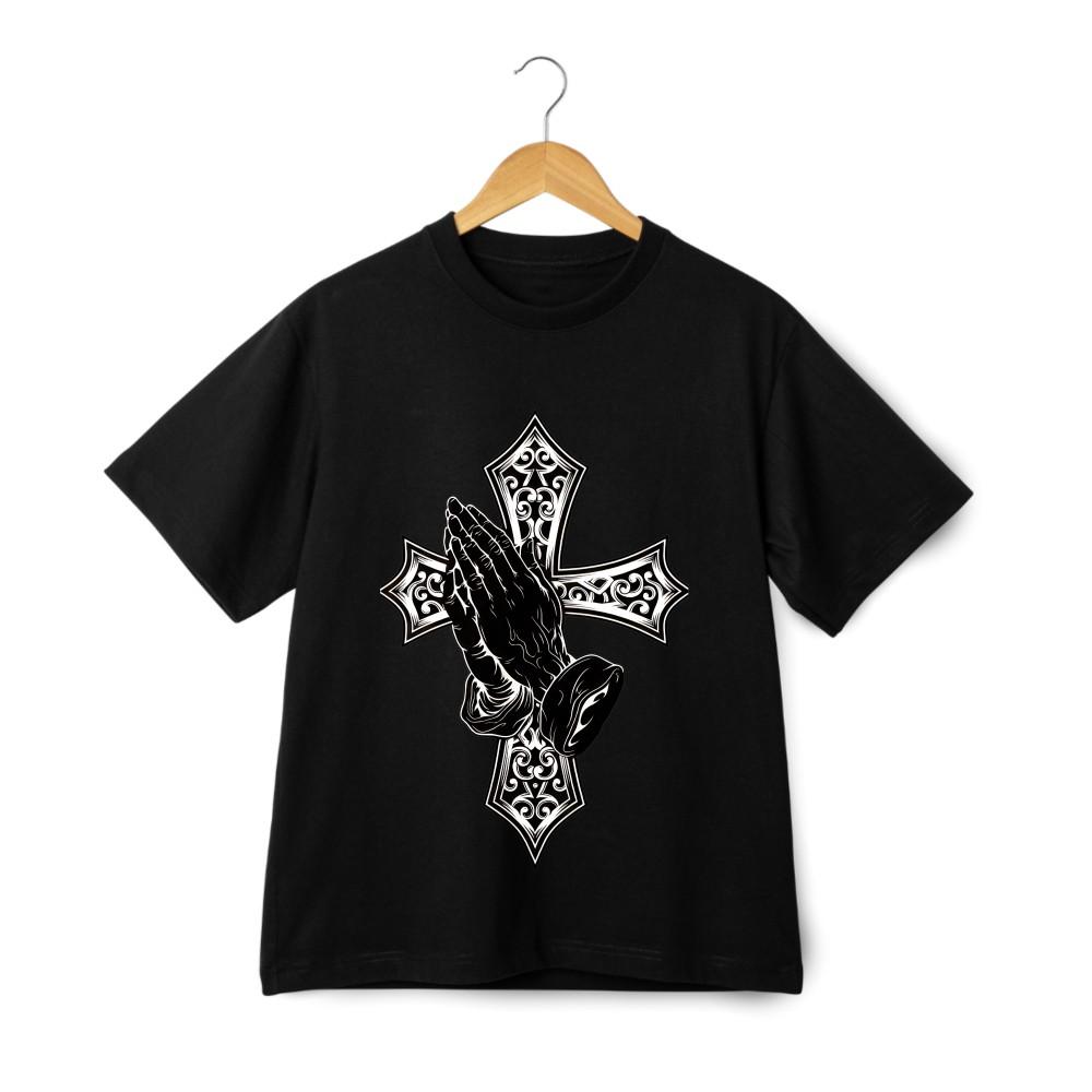 Praying Hands Cross Graphic T-Shirt - Religious Streetwear Unisex Faith Tee