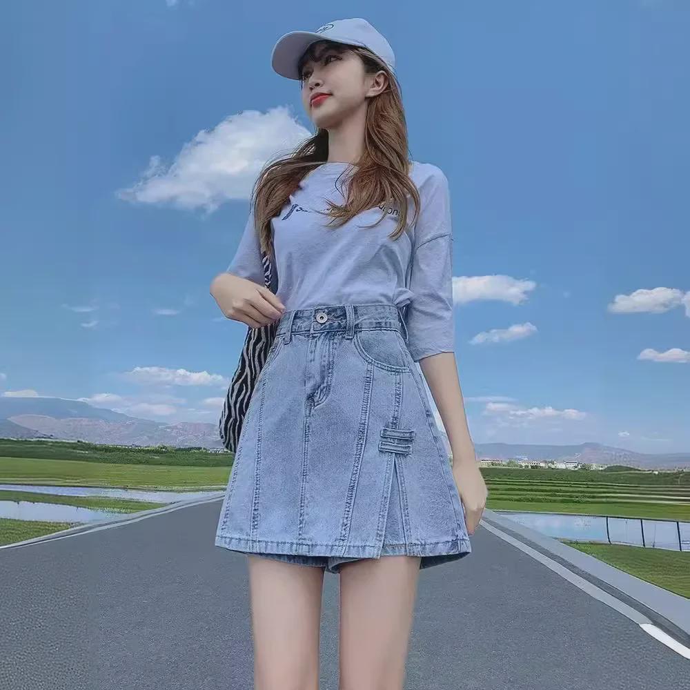 Women's High Waist A-Line Denim Skirt: New Summer Style with Anti-Exposure Lining and Slimming, Hip-Covering Design. Versatile Skirt Pants.