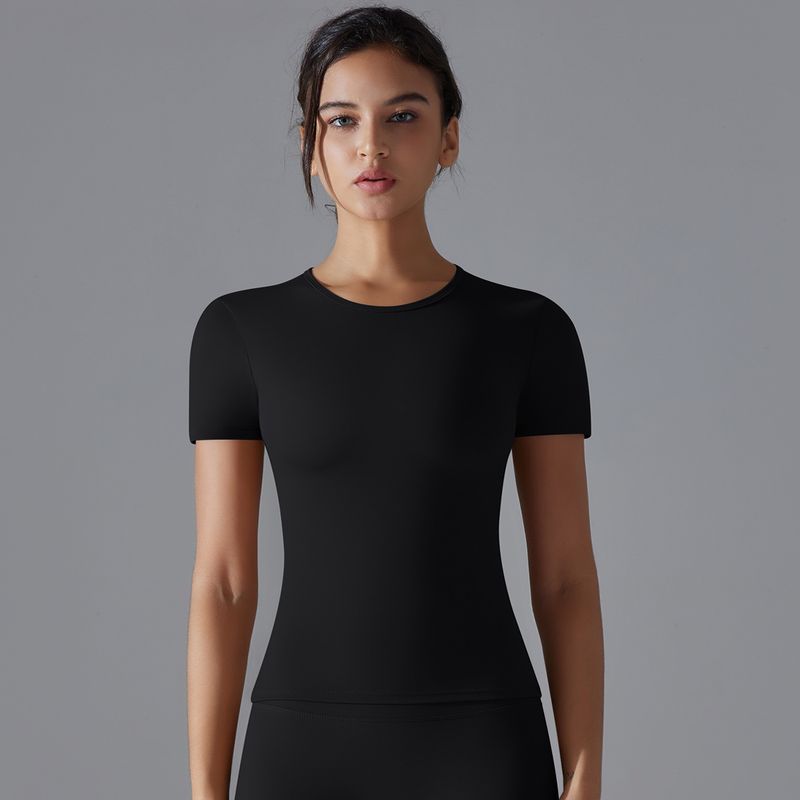 2025 Summer Pure Color Double-Sided Brushed High Elastic Tight Breathable Yoga Clothes Short Sleeve Sports Running Workout T-shirt Women
