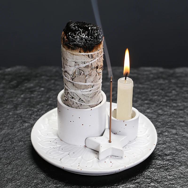 1 Stück Keramik Räucherstäbchenhalter Multifunktional 4-in-1 für Palo Santo Salbeistifte Kerzen & Kristalle Ideal für Weihnachten