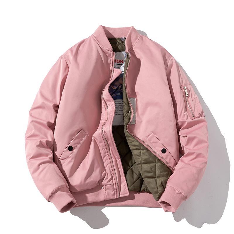 Men Bomber Jacket Solid Autumn Winter Pilot Jacket Women Vintage Fashion Hooded Baseball Coat Casual Windbreak Parkas Red Pink